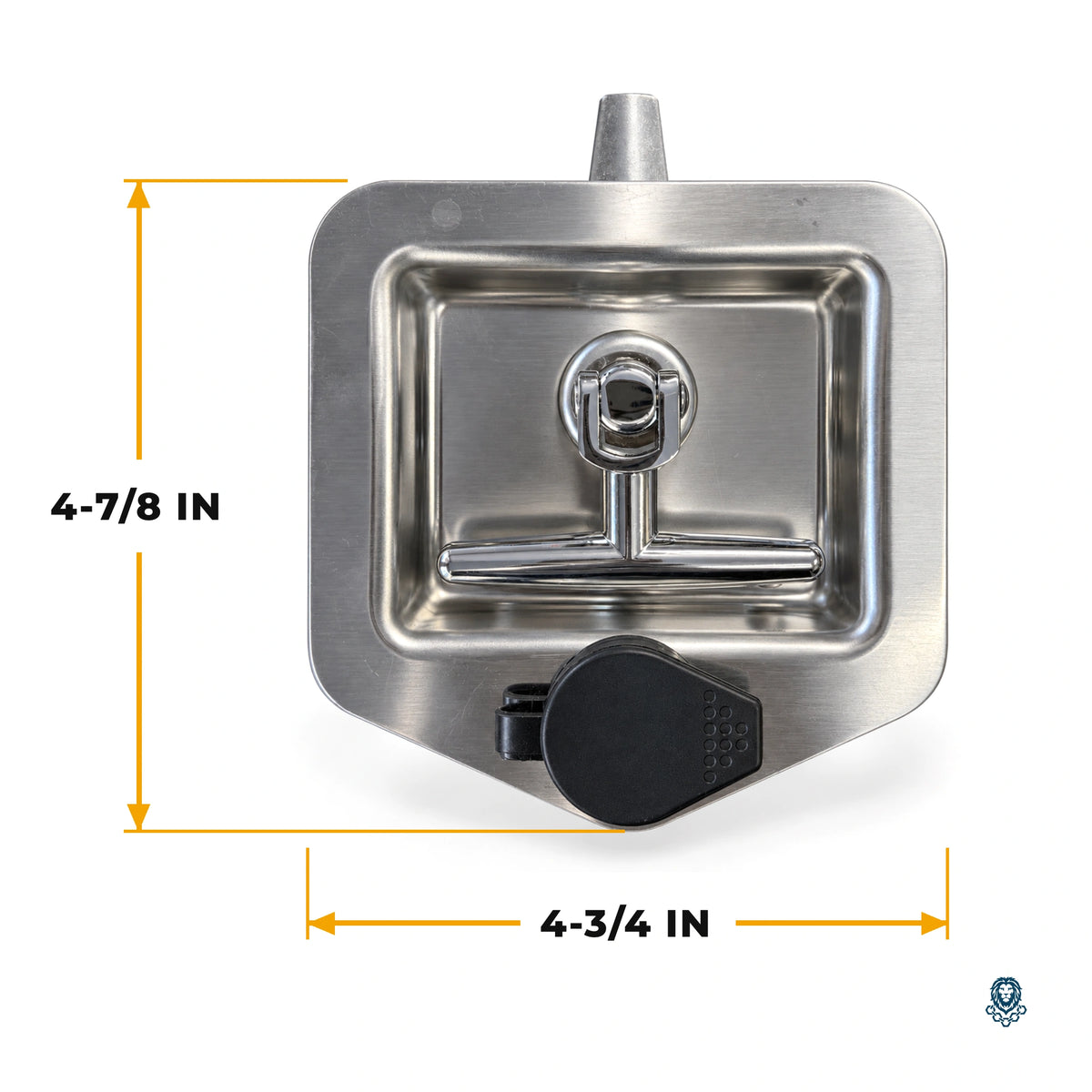 T-handle lock with its size marked: 4-3/4 in wide and 4-7/8 in tall
