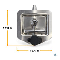 T-handle lock with its size marked: 4-3/4 in wide and 4-7/8 in tall