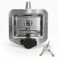 Stainless steel T-handle tool box lock from the front, with its black keyhole cap and two keys beside it