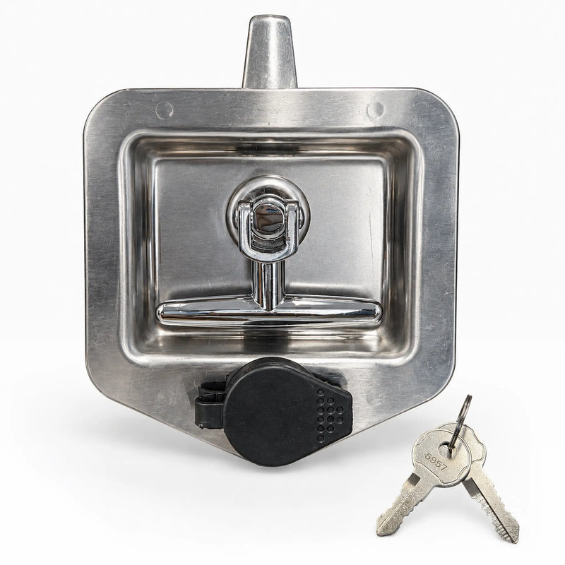 Stainless steel T-handle tool box lock from the front, with its black keyhole cap and two keys beside it
