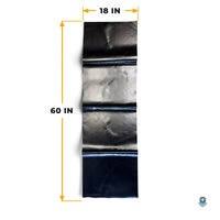 Tarp repair patch laid flat with its size marked: 18 in wide and 60 in long