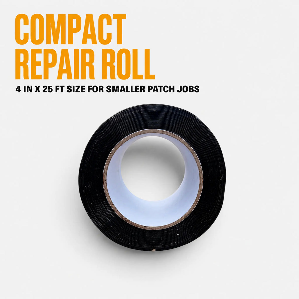 Roll of black tarp repair tape shown at an angle with the white cardboard core visible