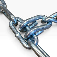Close-up of twisted chain links joined at a connecting link