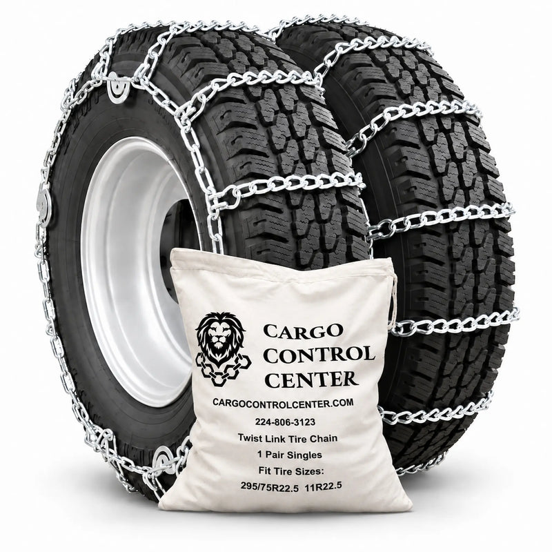 Twist link tire chains fitted on both tires of a dual wheel, with the Cargo Control Center storage bag in front