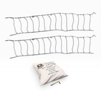 Two twist link single tire chains laid flat, with the storage bag and the L-shaped cam tool