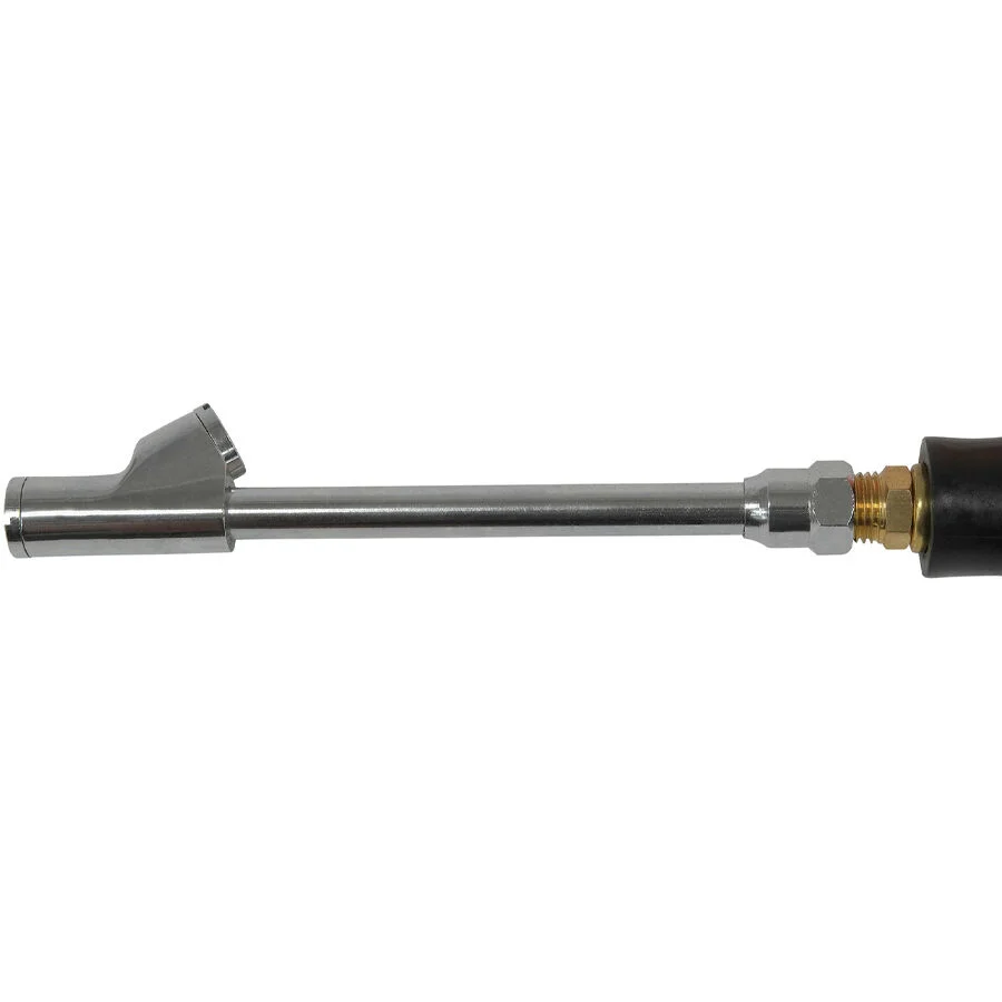 Straight-on view of the chrome air chuck tire inflator head with its brass hose fitting
