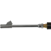 Straight-on view of the chrome air chuck tire inflator head with its brass hose fitting