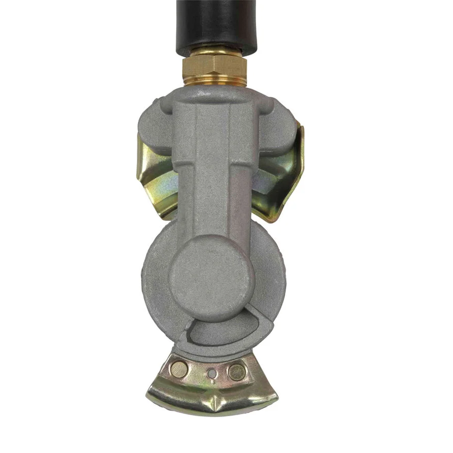 Front view of the glad hand coupler showing its round grip face and locking lever