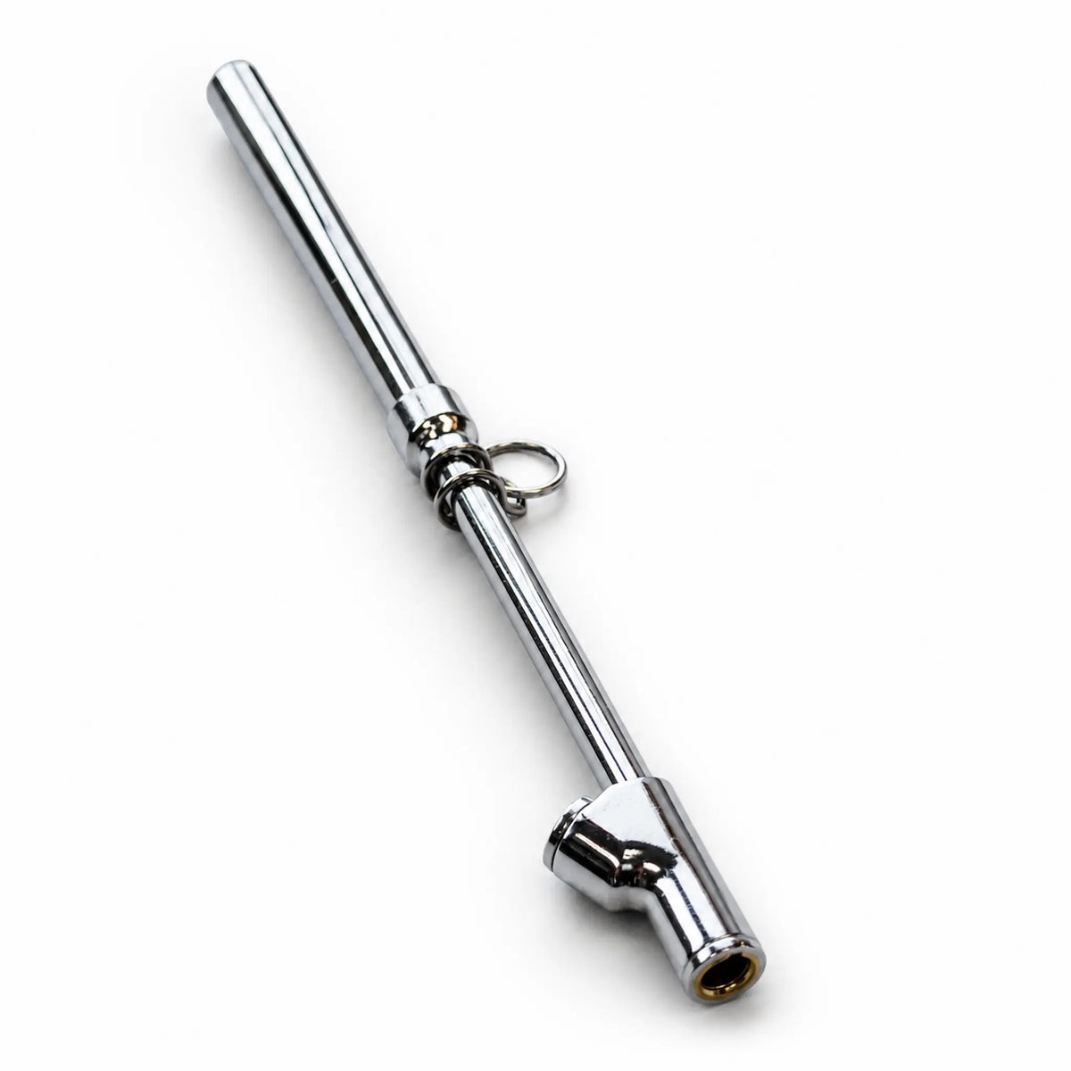 Chrome pencil-style tire pressure gauge shown fully assembled with the sliding scale retracted