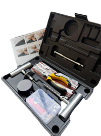Tire repair kit case open beside its printed step-by-step instruction sheet