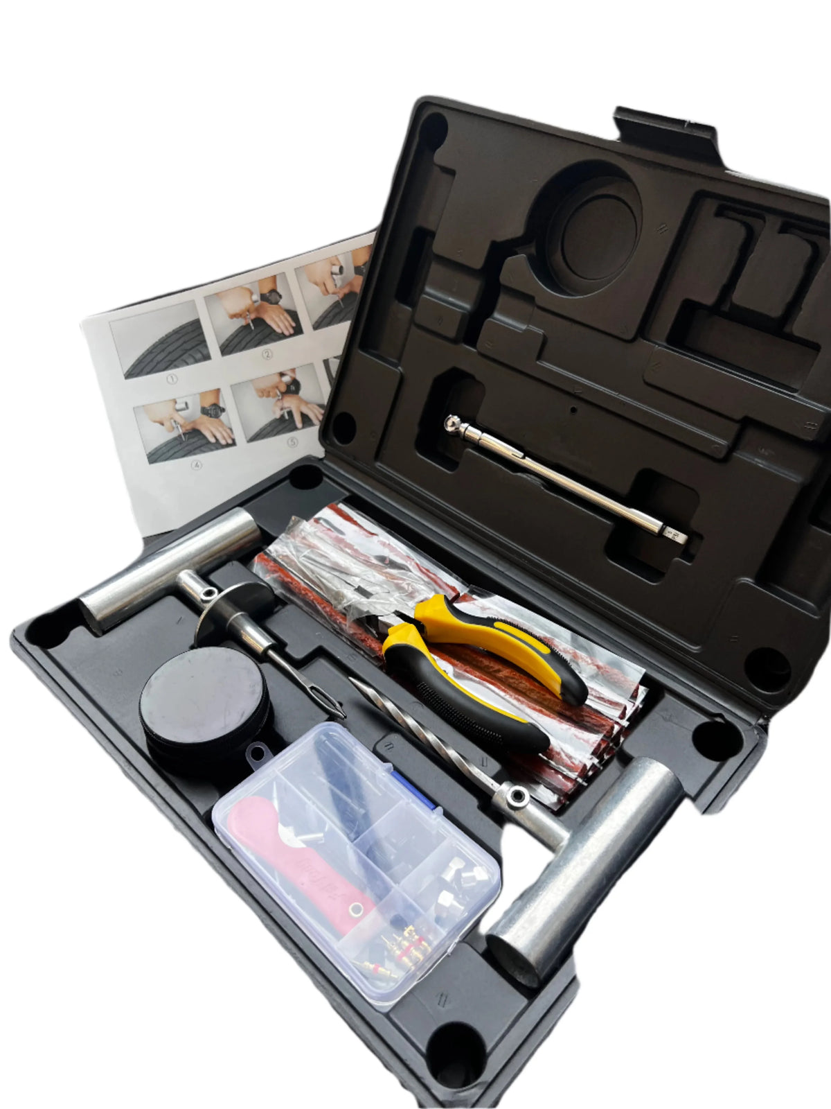 Tire repair kit case open, showing plug strips, pliers, insertion tools, and a parts tray