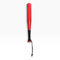 Red 18 inch aluminum tire thumper standing upright, with a black rubber grip and a black cord wrist strap
