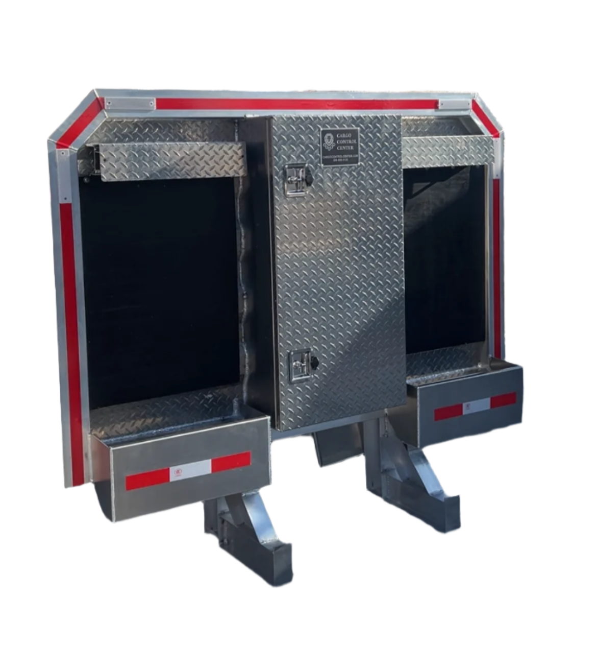 Closed tool box door centered between two open mesh compartments on a headache rack assembly