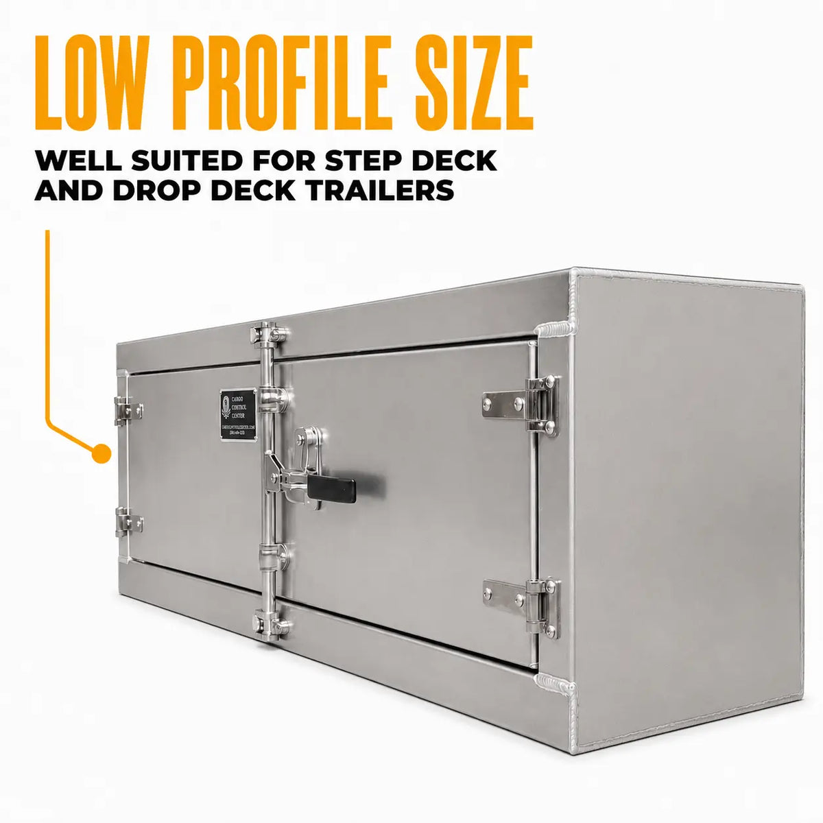 Angled view of the closed aluminum tool box, showing its low, narrow profile from the front corner.