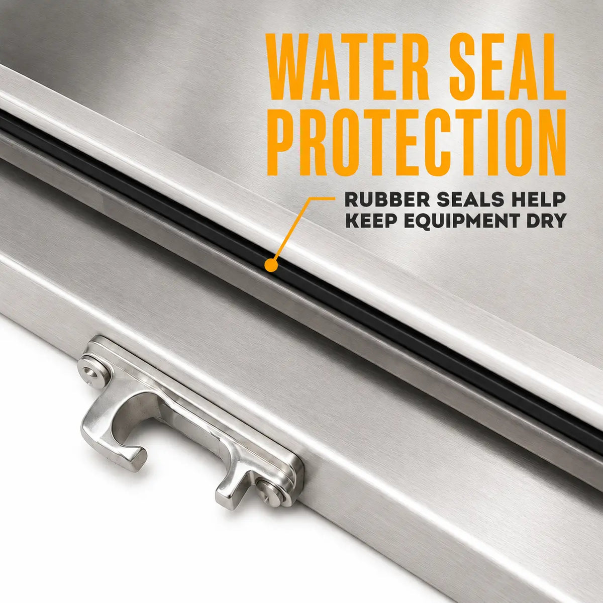 Close-up of the black rubber seal between the door and frame, with a metal latch keeper on the edge below.