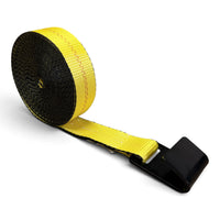 Coiled yellow winch strap on a white background with its black flat hook laid out