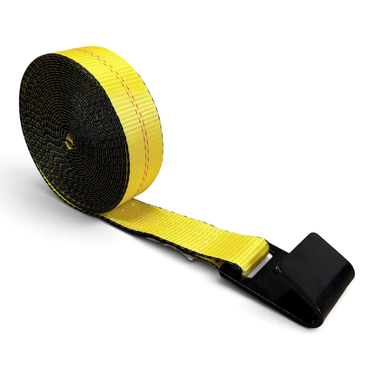 Coiled yellow winch strap on a white background with its black flat hook laid out