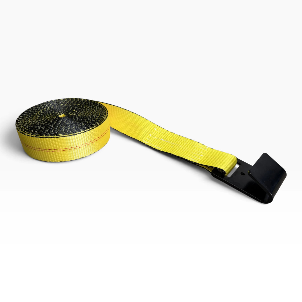 Rolled yellow strap lying flat with a short tail ending in the black flat hook