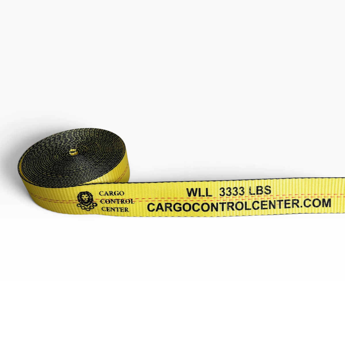 Unrolled webbing printed with the Cargo Control Center logo, WLL 3333 LBS and the website