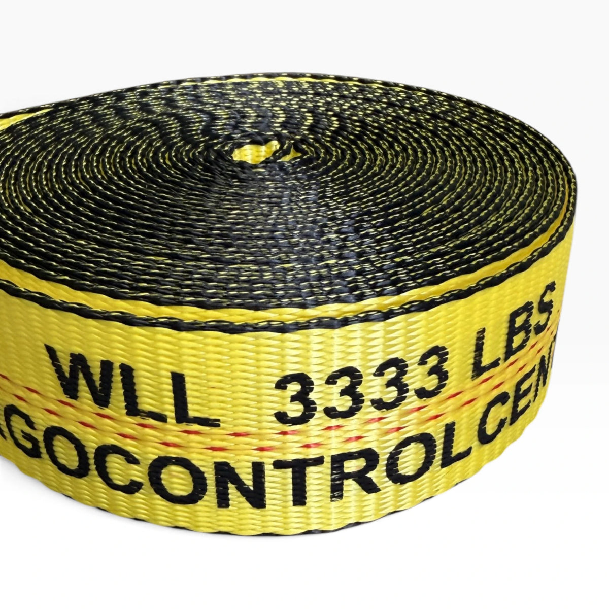 Close-up of the coil edge with WLL 3333 LBS printed across the yellow webbing