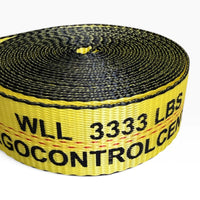 Close-up of the coil edge with WLL 3333 LBS printed across the yellow webbing