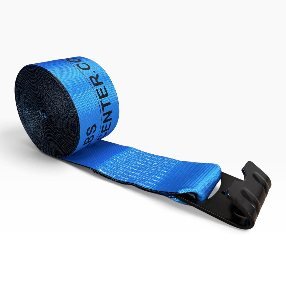 Coiled blue winch strap with printed webbing and a black flat hook on the loose end.