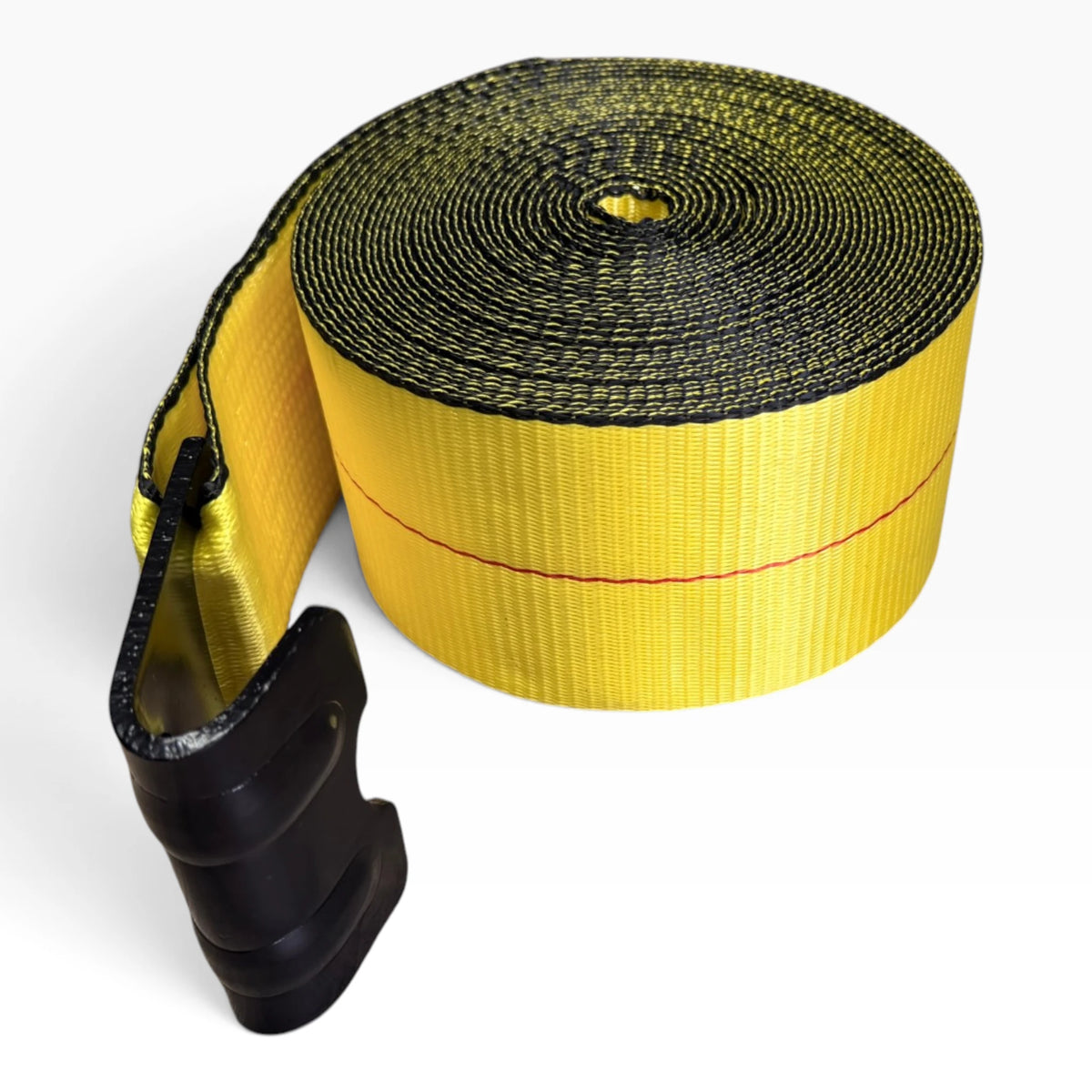 Strap coiled on end with the black flat hook lying beside it on white.