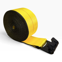 Coiled yellow winch strap with the tail running out to a black flat hook.