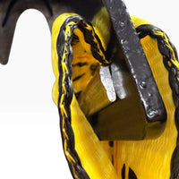 Macro of the black stitching holding the webbing wrapped around the flat hook bar.