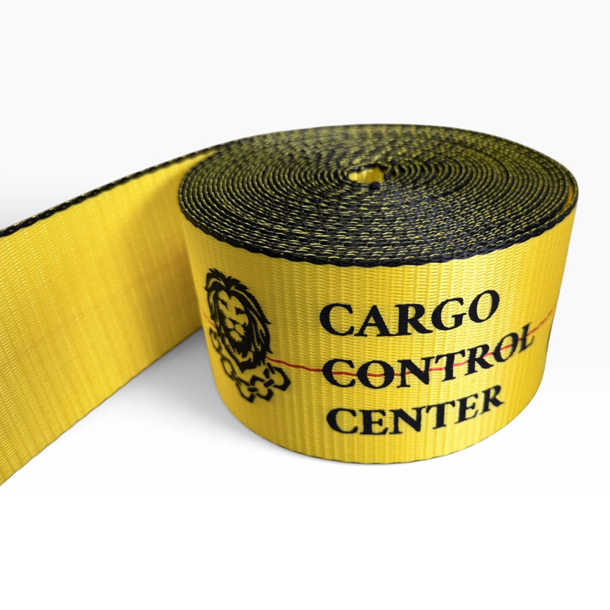Close-up of the coil showing a lion mark and CARGO CONTROL CENTER printed on yellow webbing.