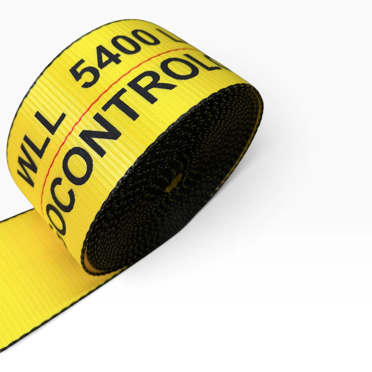 Yellow webbing printed WLL 5400 LBS in black, with a red line down the centre.