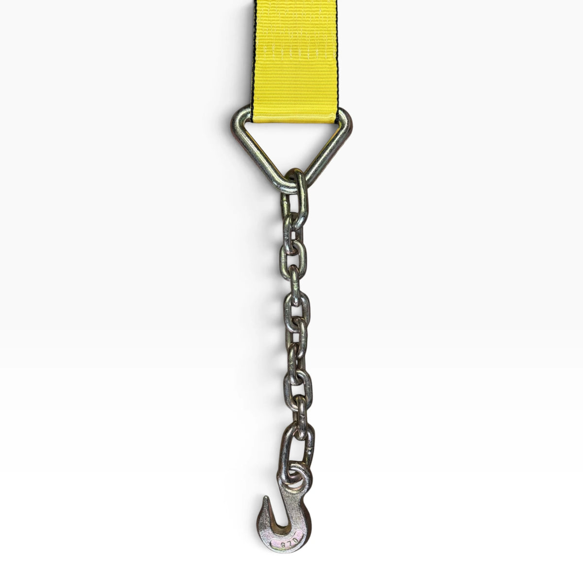 Strap end sewn around a triangle link with a short chain hanging down to a grab hook
