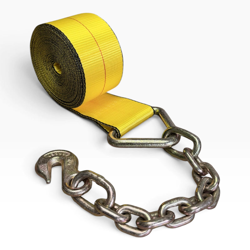 Coiled yellow strap resting on its side with the chain anchor and grab hook laid out