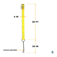 Diagram of the yellow strap labeled 4 inches wide, 30 feet long, with a 20-inch chain anchor