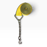 Overhead view of the rolled strap with its chain anchor stretched out straight below the coil