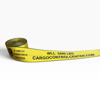 Partly unrolled yellow webbing printed with the Cargo Control Center name and WLL 5400 LBS