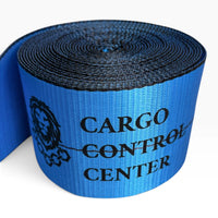Close-up of one coiled strap showing the Cargo Control Center name and lion logo printed on blue webbing.
