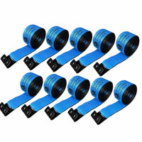 Ten coiled blue winch straps in two rows of five, each with a black flat hook.