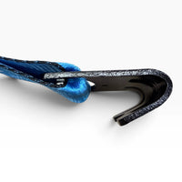 Close-up of the black flat hook with the blue strap webbing folded and stitched through its slot.
