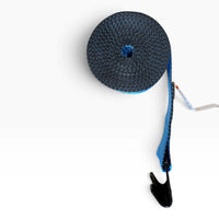 Blue strap coil seen from above, loose end running down to the black flat hook, with a white tag attached near the roll.
