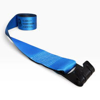 Partly unrolled blue strap showing Cargo Control Center printed on the coil and the flat hook at the end.