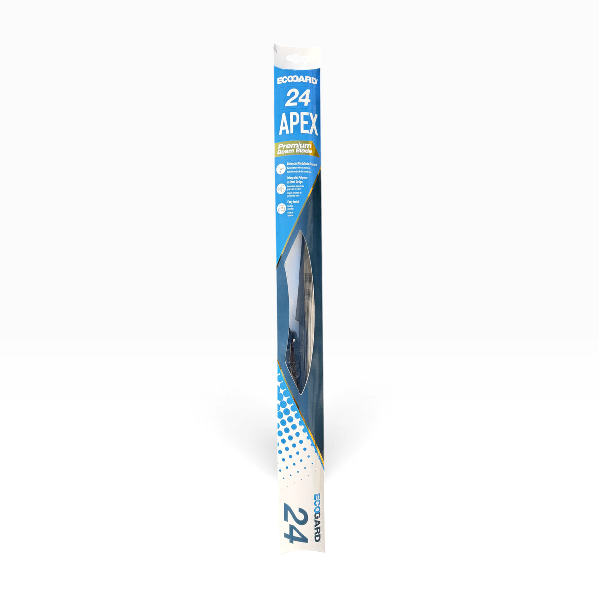Front of the ECOGARD Apex 24 in Premium Beam Blade retail package showing the blade through the window
