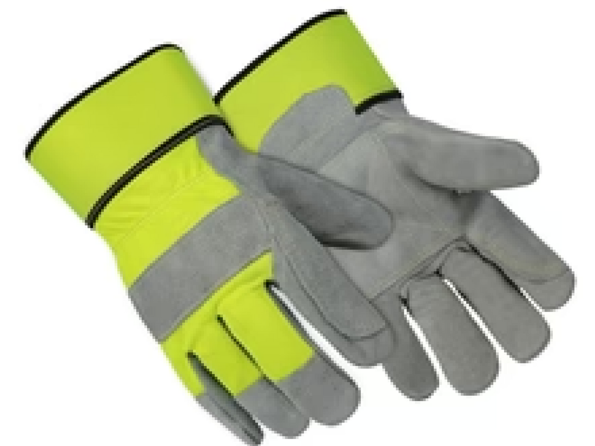 Pair of hi-vis lime work gloves with gray leather palm, one showing palm side, one showing back