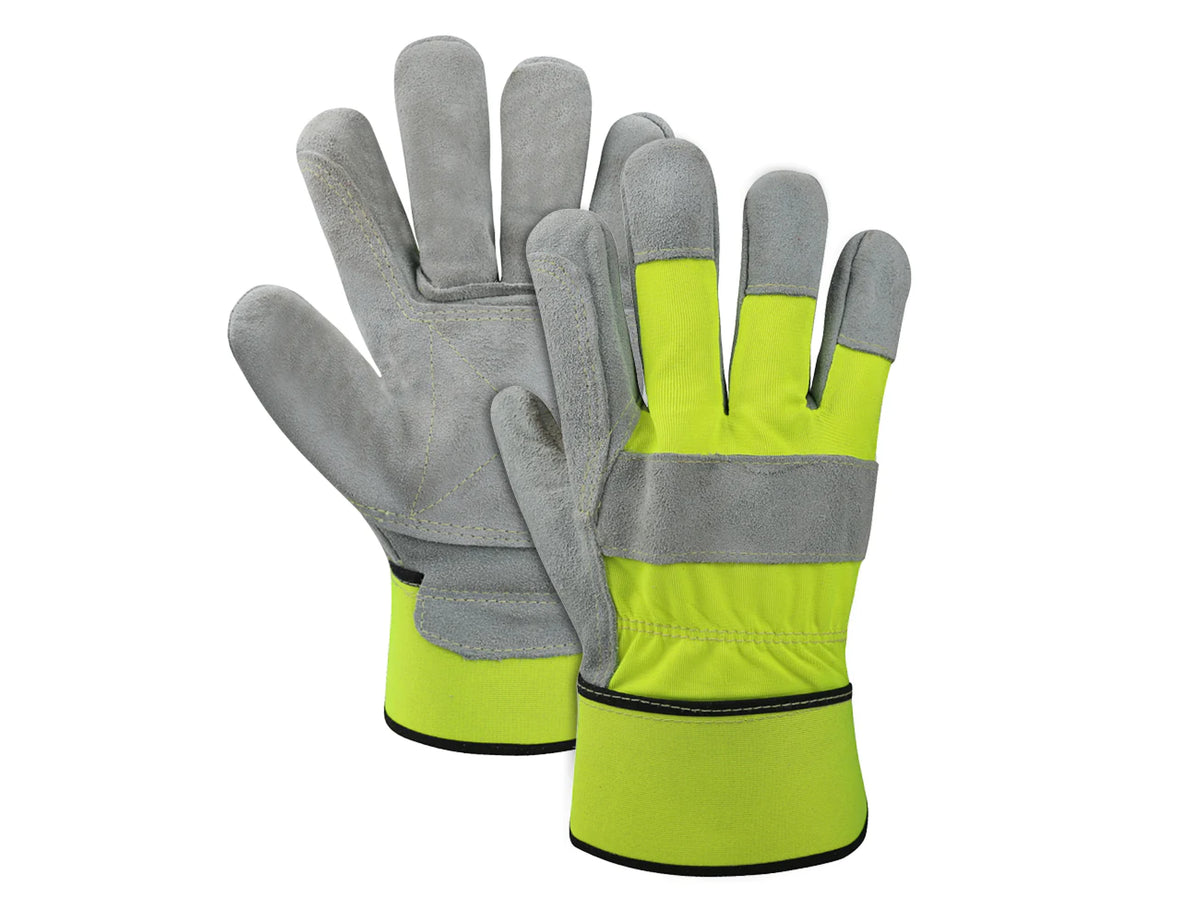 Pair of hi-vis lime work gloves with gray leather palm, one showing palm side, one showing back