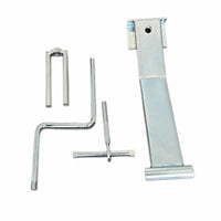Strap winder disassembled into its frame, crank handle, clamp screw and forked prong pieces