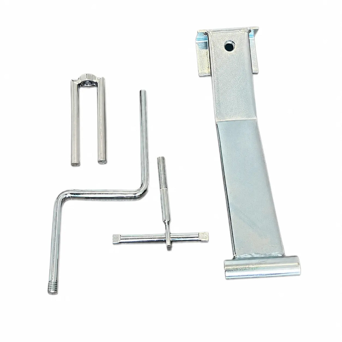 Zinc-coated strap winder assembled, showing its crank handle, clamp screw and forked prongs